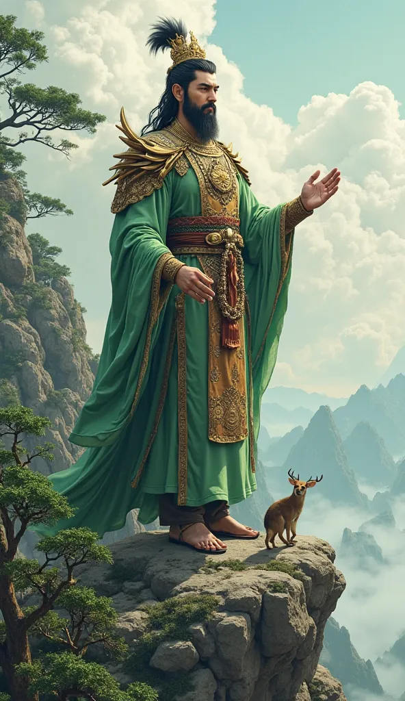 A strong and heroic Vietnamese mountain god with a majestic appearance, wearing green and brown warrior robes, standing on a high mountain peak with trees and animals around him. His hand is raised, summoning rocks and trees