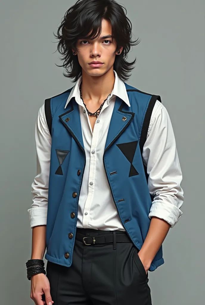 Make a human being like a photo at 18 years old so he's a ager, The boy is wearing an outfit it's a white long-sleeved shirt and a blue sleeveless vest with black triangles his pants are black and are open showing his cock, He is tall mullet long loose hai...