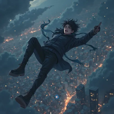 Male anime character falling from the sky without a parachute, very dark, clouds, city lights, black pants and jacket, seen from above