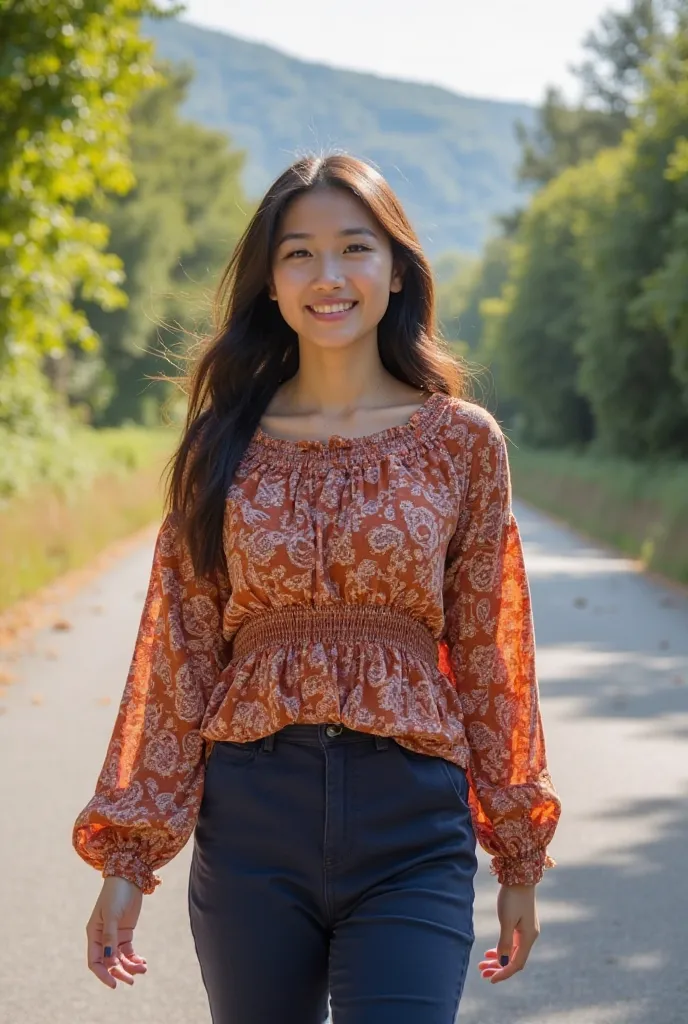 A young woman, approximately 18-20 years old, of north Asian ethnicity, is walking along a paved road.  She is wearing a rust-colored, paisley-printed top with gathered details at the waist, creating a flared effect.  The long sleeves have a relaxed fit.  ...