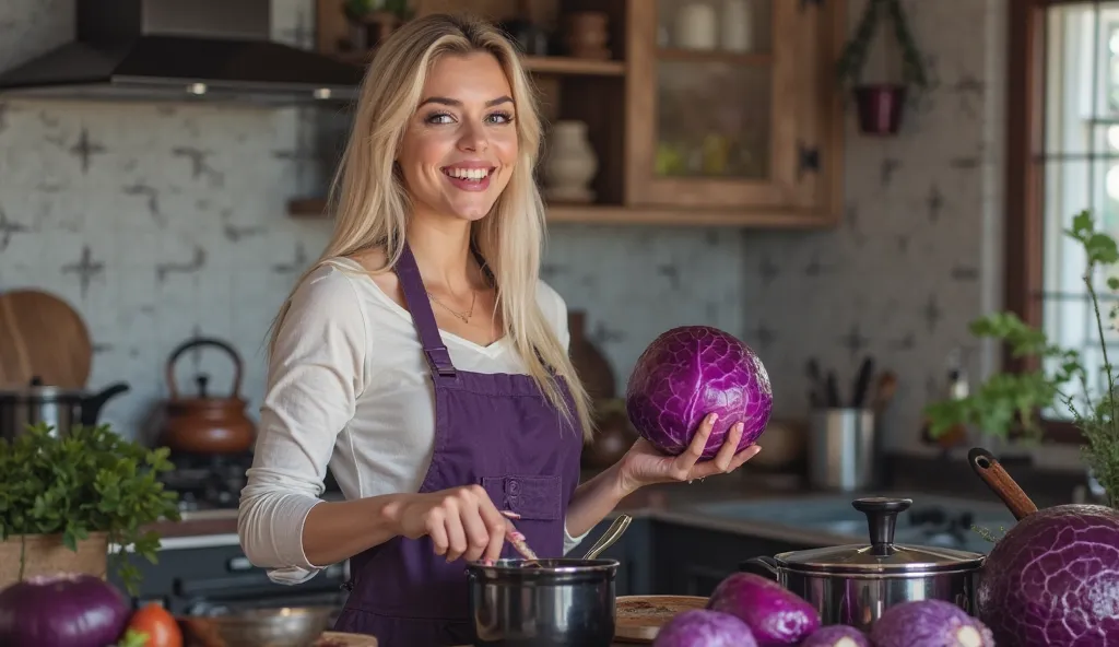 nsfw, photo realistic photo of a beautiful blonde woman, who has purple dyed hair, she is cooking in the kitchen, elegant black chrome pots and pans, long straight blonde hair, ice blue eyes, smiling, flerting, (purple apron,) wearing clothes, and in a kit...