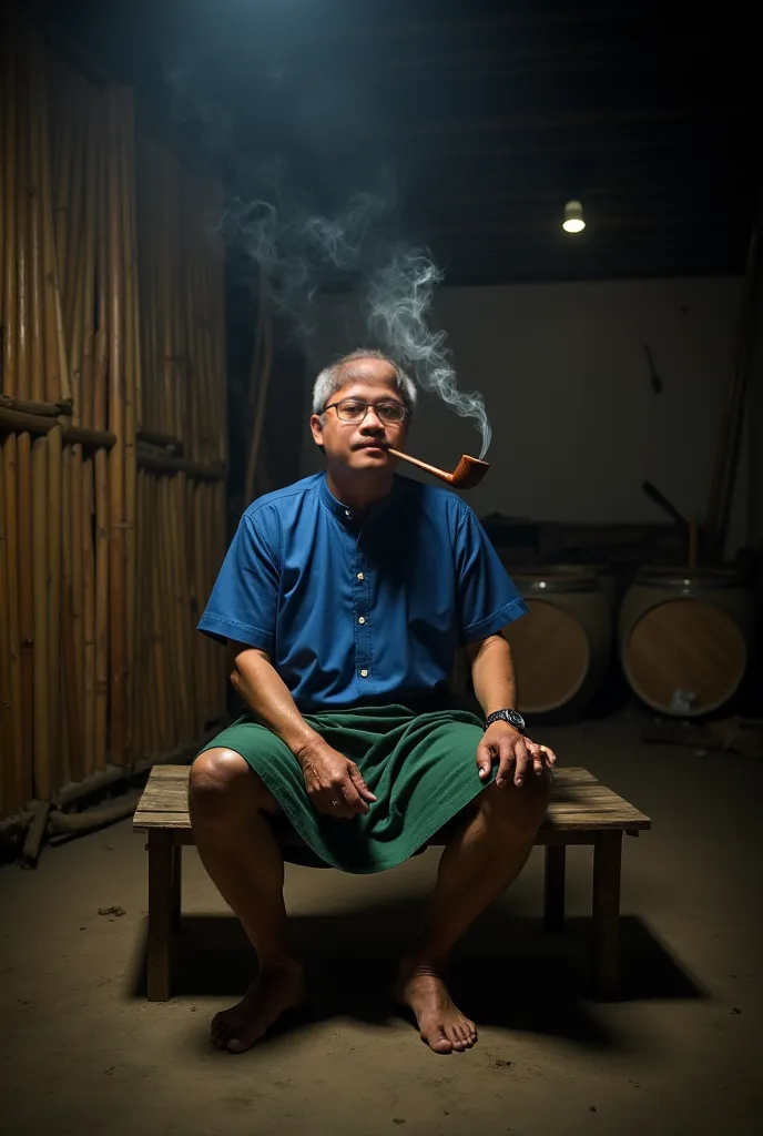 A man sits on a wooden bench in a dimly lit, rustic interior, dressed in a blue shirt and traditional green sarong. He smokes a pipe, with smoke curling up around him. The background features a simple bamboo wall, an unfinished wooden structure, and a coup...