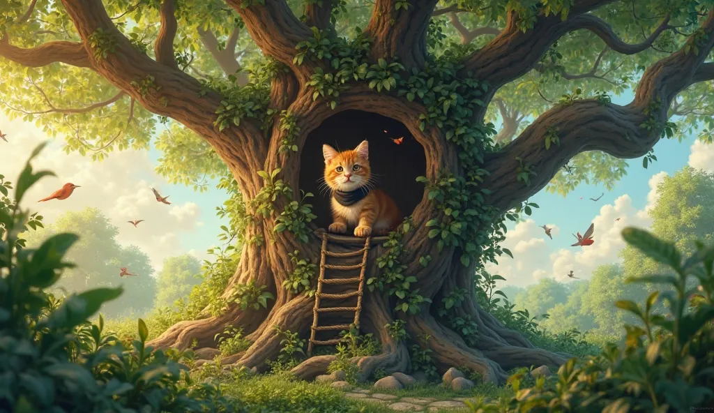 "A massive, ancient tree with thick, twisting branches stands in the heart of a lush green jungle. Hidden among the dense leaves is a cozy wooden treehouse with a small rope ladder hanging down. A tiny orange tabby kitten with soft fur and golden eyes is c...