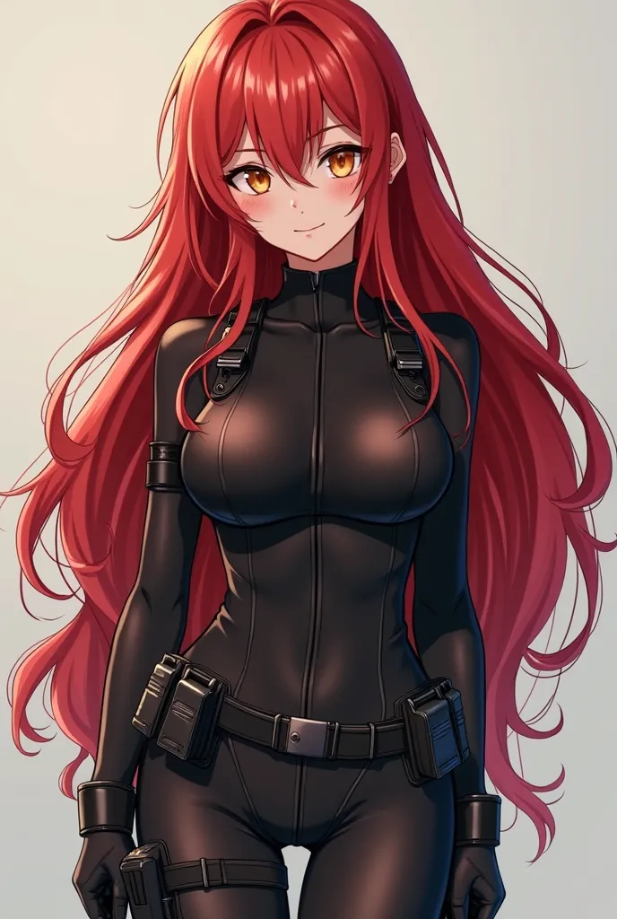  Nadia Rachel is a Petite, toned girl with long fluffy red hair, golden eyes, and a cute yet mischievous Korean supermodel-like. accentuated by a skin-tight black tactical bodysuit, accented with utility belts, black gloves, and thigh holsters—radiating , ...