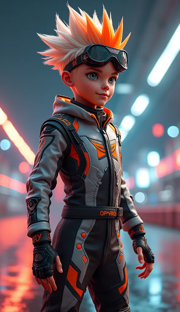 A young, energetic street racer with spiky orange-and-white hair, symbolizing his speed. He wears a sleek black-and-white racing suit with orange and red accents, designed for agility. His racing boots are lightweight, and he sports goggles on his head, re...