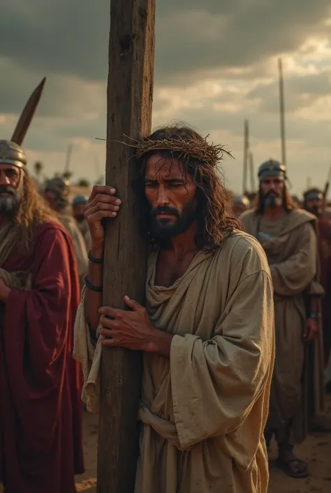  Create an image of  "Jesus Christ, wearing a simple robe and a crown of thorns, walking slowly under the weight of a large cross Wood. His face expresses pain and determination, with sweat and blood flowing down her forehead. The sky is cloudy and dark, c...