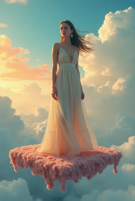 a young woman standing on a floating wool felt in the sky, detailed wool felt pattern, 8K, photorealistic, ultra-detailed, physically-based rendering, vivid colors, portrait, digital painting, fantasy, floating, clouds, dramatic sky, detailed textile patte...