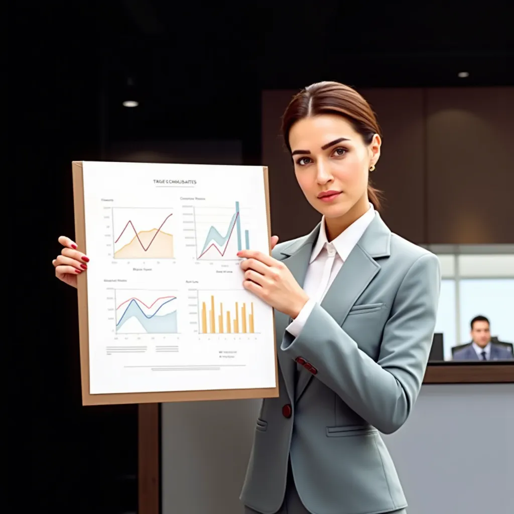 A detailed artstyle image of attractive office woman standing with a chart giving presentation, 