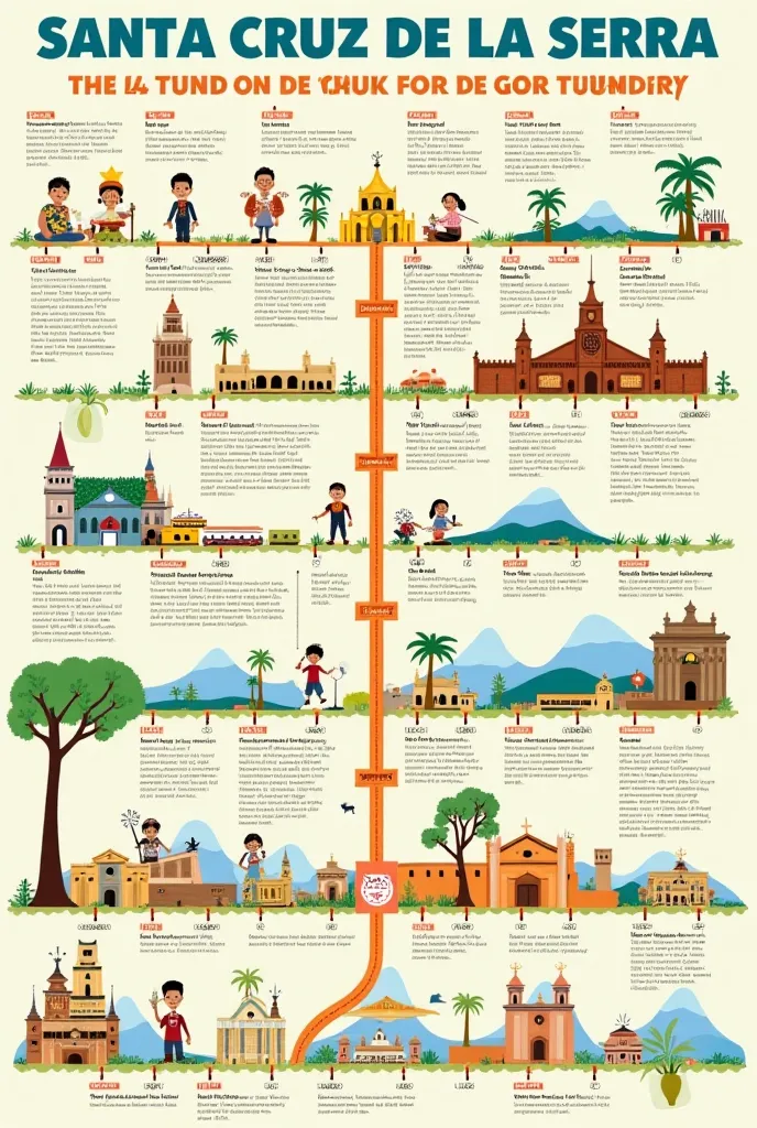 Make a timeline with coloring images for elementary school ren, about the founding of Santa Cruz de la Sierra and its translations
