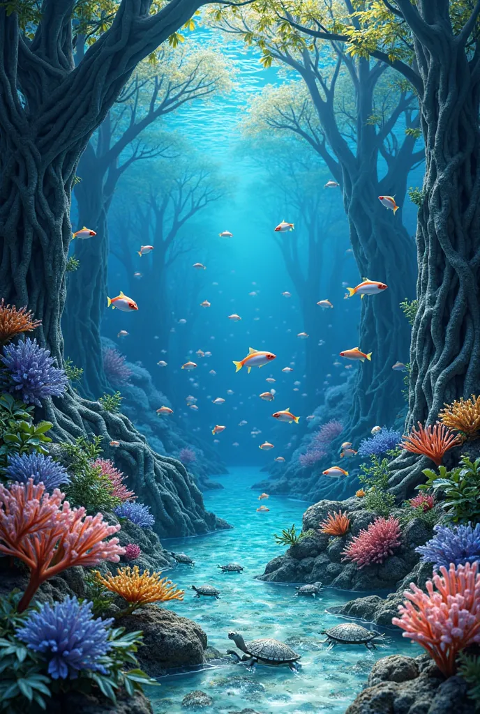 Stylish wallpaper,Aquarium with mini Forest and green,with big tree roots,stylish Aquscape,filled with pretty little blue neon fish,with water bubbles,contains small turtles,and colorful flower garden and coral reef,in clear water,with water bubble filter,...