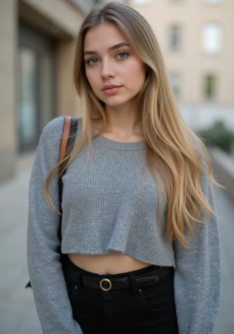  Very Beautiful Girl , with a sweater, And a school bag. She has very nice hair, European, Aged 19 She is in front of the camera. She has a little makeup that makes her very beautiful. She is perfect and she is blonde in a crop top