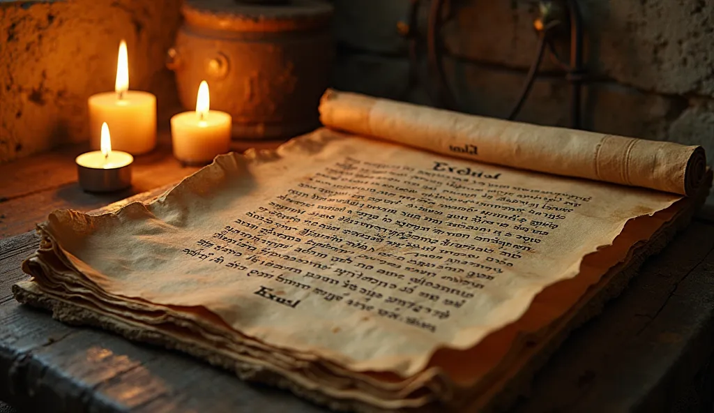 A beautifully illuminated ancient parchment with the Bible verse Exodus 34:29 written in elegant Hebrew and English script. The aged scroll is placed on a weathered wooden table, surrounded by flickering candlelight casting soft golden glows on the texture...