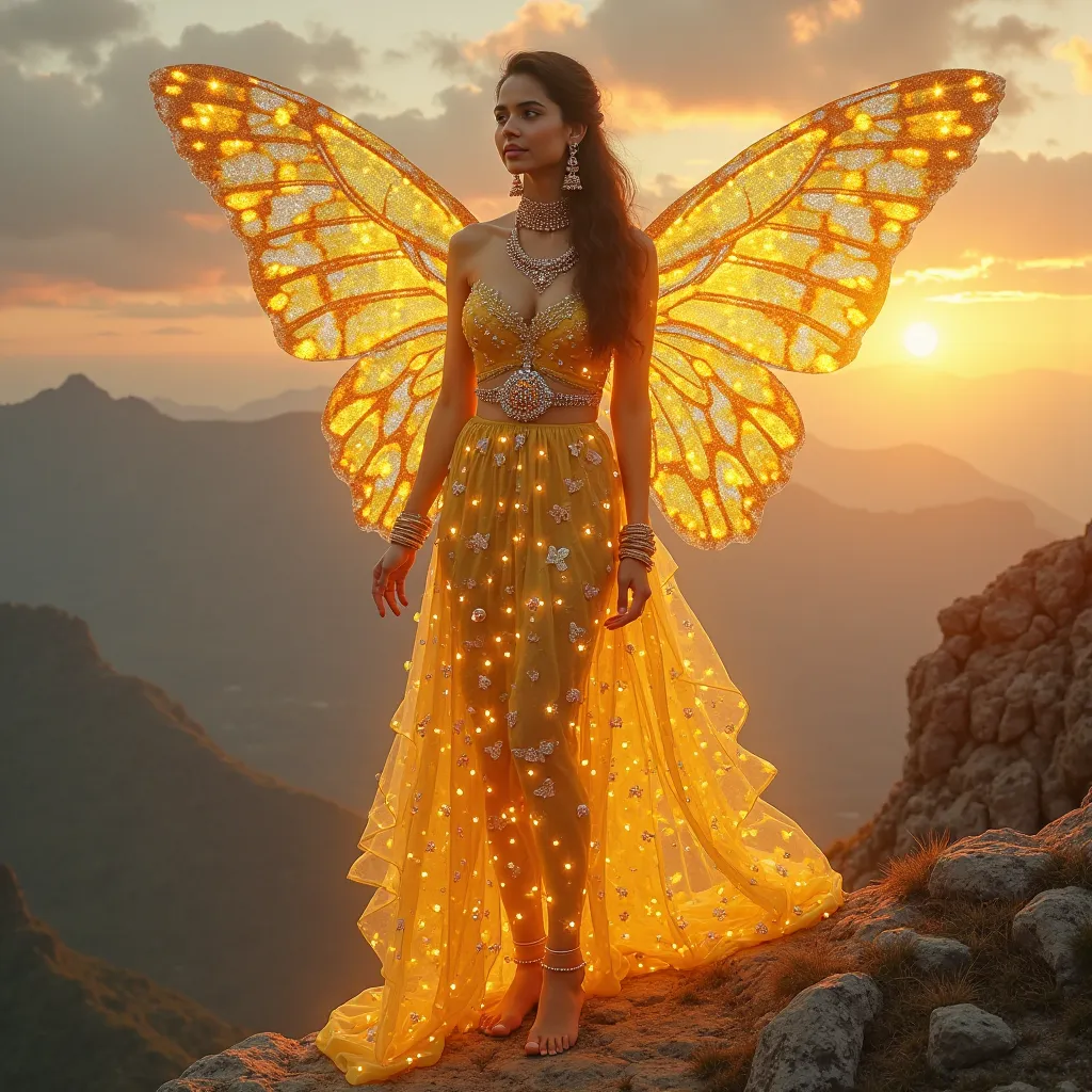 detailed ultrarealistic image of a translucent beautiful fair skin indian girl made of glowing yellow gold butterflies, diamond and gold jewelery, standing on edge of a mountain, sunset point,