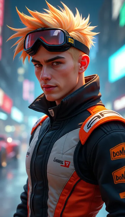 A energetic street racer with spiky orange-and-white hair, symbolizing his speed. He wears a sleek black-and-white racing suit with orange and red accents, designed for agility. His racing boots are lightweight, and he sports goggles on his head, ready to ...