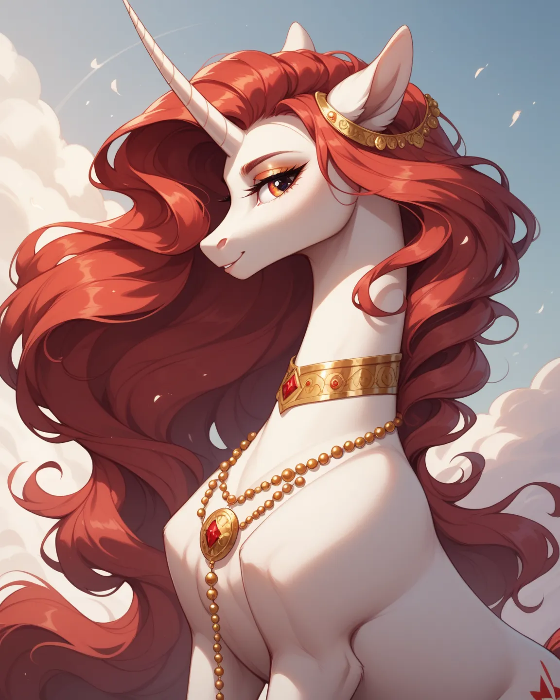 Pony a beautiful red unicorn mare with a long, flowing mane and tail. Her silver horn is extremely long and thin. She may have a slim Arabian build, but her wavy mane and feathered feet say otherwise. Gold beads adorn her face, mane, and tail.