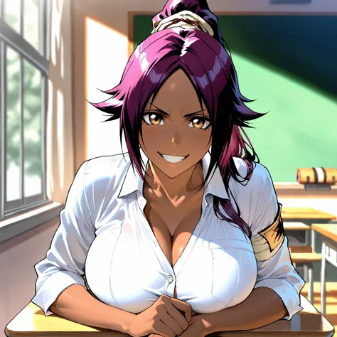 Stunningly attractive woman, Yoruichi, Bleach, High Resolution, Masterpiece, large breasts, glistening, grin, impeccable physical shape, teacher clothing, different hairstyles, different clothing, different clothing styles, different clothing, 1girl, Solo,...