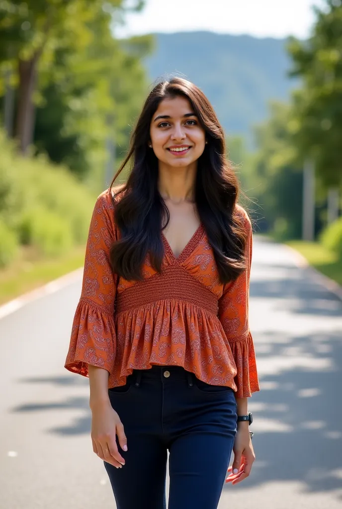 A young woman, approximately 18-20 years old, of south Asian ethnicity, is walking along a paved road.  She is wearing a rust-colored, paisley-printed top with gathered details at the waist, creating a flared effect.  The long sleeves have a relaxed fit.  ...