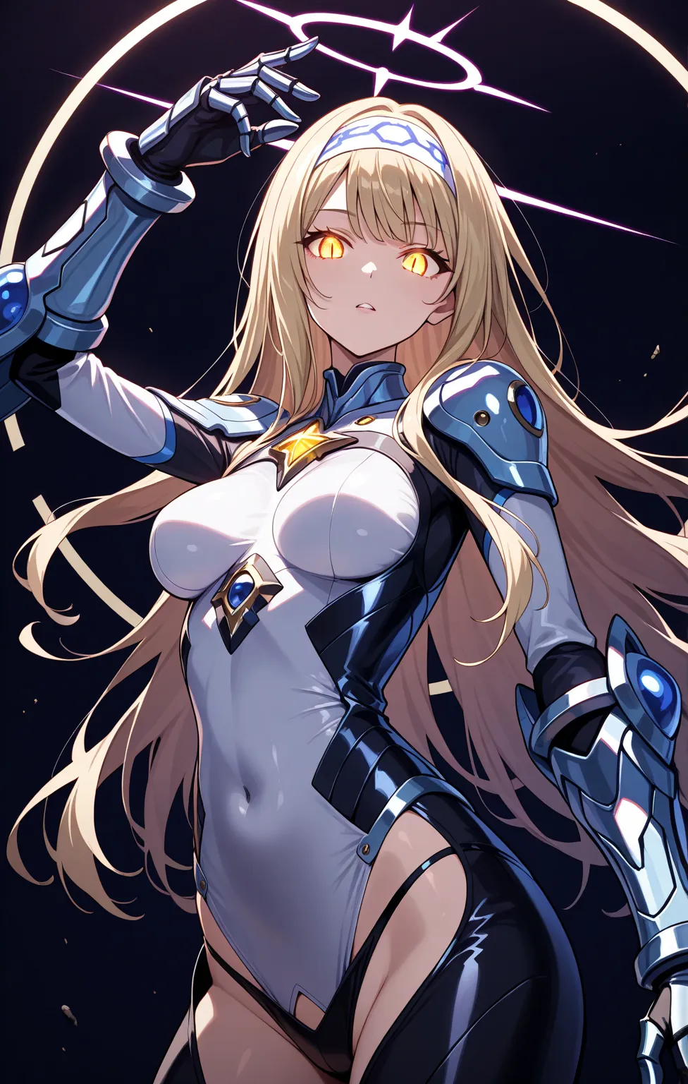 mysterious silhouette, slit pupils, yellow eyes, glowing eyes, impossible clothes,abstract armor, blank, dynamic pose,half corrupted face, floating, corruption half face. 1girl, solo, a stoning, ((cloting cutout)), stunned, high leg panties,long hair, arm ...