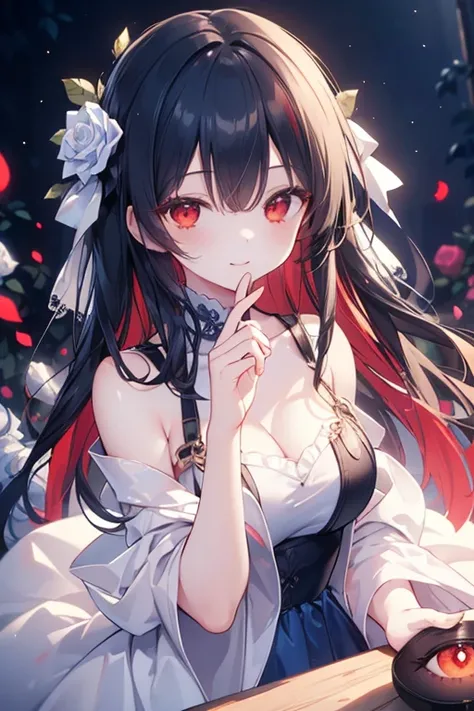 One girl、A dark blue hair 、,long hair ,a blue dress、off shoulders、Garden of white roses、smile , (masterpiece: 1.2), Best Quality, High resolution, Unity 8k Wallpaper, (Illustrations: 0.8), (Beautiful red eye details: 1.6), Perfect Lighting, Highly detailed...