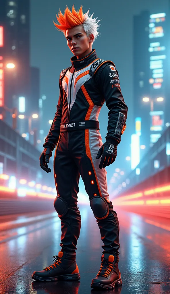 A young, energetic street racer with spiky orange-and-white hair, styled for speed. He wears a sleek black-and-white racing suit with orange and red accents, tailored for agility. His racing gloves and lightweight boots complete his aerodynamic look. His s...