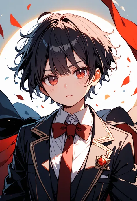 dark red black hair, red eyes , short hair, formal attire, cape, hero