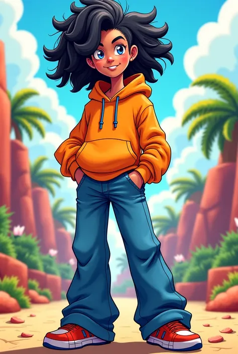 Create a character in Sonic style, in wide-legged jeans, with black curly hair, in an oversized hoodie