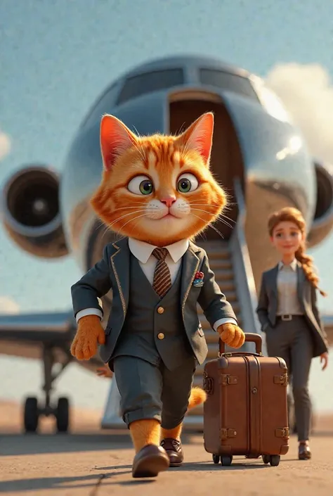 In 3d Pixar animation.
Generate an image of the orange tabby cat wearing a nice suit. Walking up a private jet. A helper holding luggage’s standing next to the cat