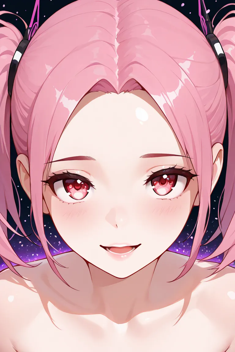 single, solo, girl, beautiful face, beautiful eyes, beautiful skin, super high quality, hyper detail body, ultimate quality, (malicious:1.1), (villain:0.2), seductive, pink hair, forehead, center parted hair, pigtails, (light makeup:0.5), temptation, (smug...