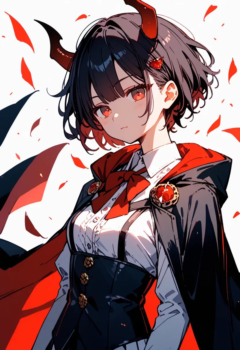 dark red black hair, red eyes , short hair, formal attire, cape, devil