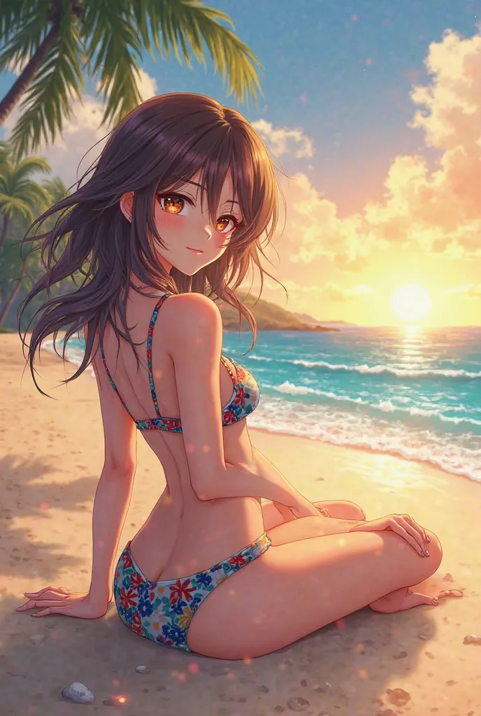 Anime girl on a beach in a swimsuit 
