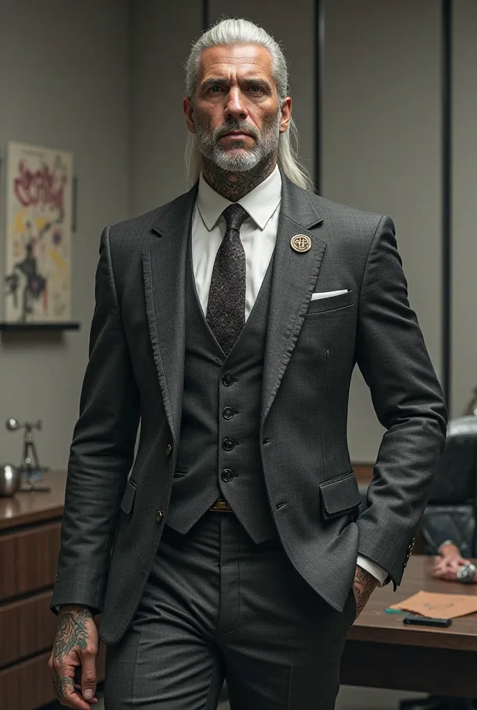 Geralt von Riva from the computer game of The Witcher 3 fully tattooed in suit SLS businessman with an embarrassed smile 