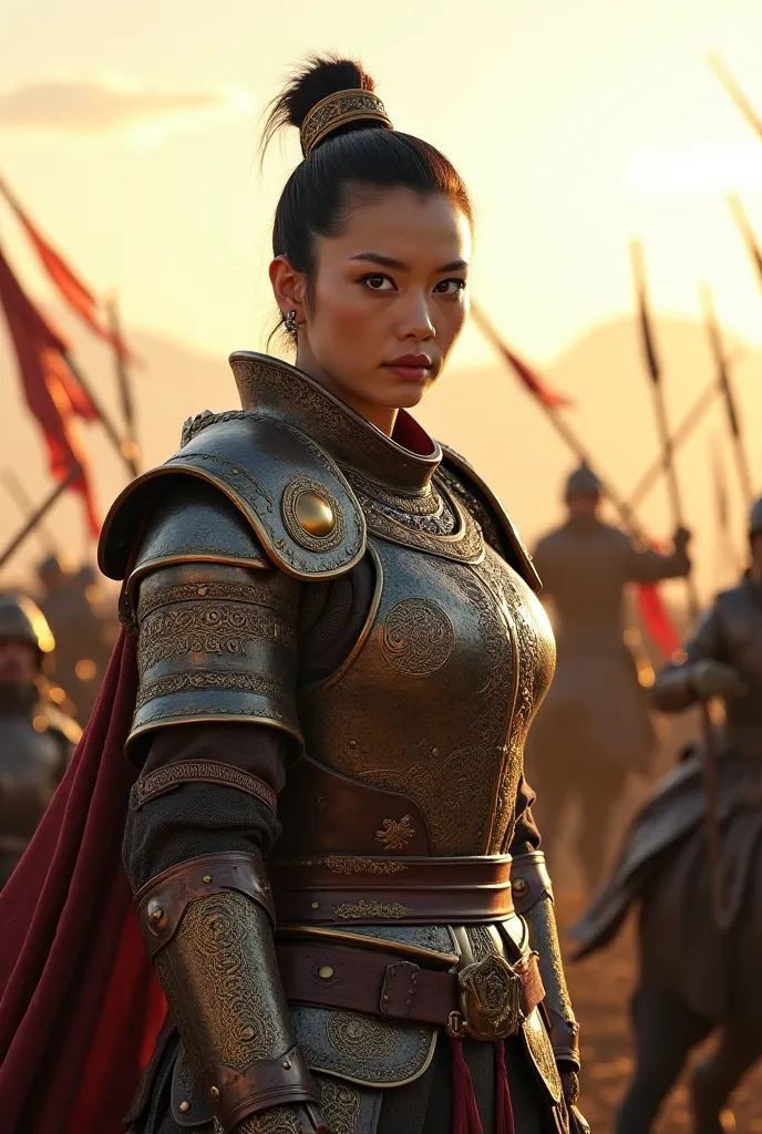 A Mongol princess in armor, leading an army into battle. Her fierce eyes and commanding presence contrast with traditional royal expectations. Arrows fly, and warriors charge in the background.