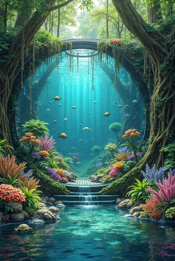 Stylish wallpaper,Aquarium with half water,in decorate the mini forest and green,with big tree roots,Aquascape style,fill the red spirit,with water bubbles,contains small turtles,and colorful flower garden and coral reef,in clear water,with water bubble fi...