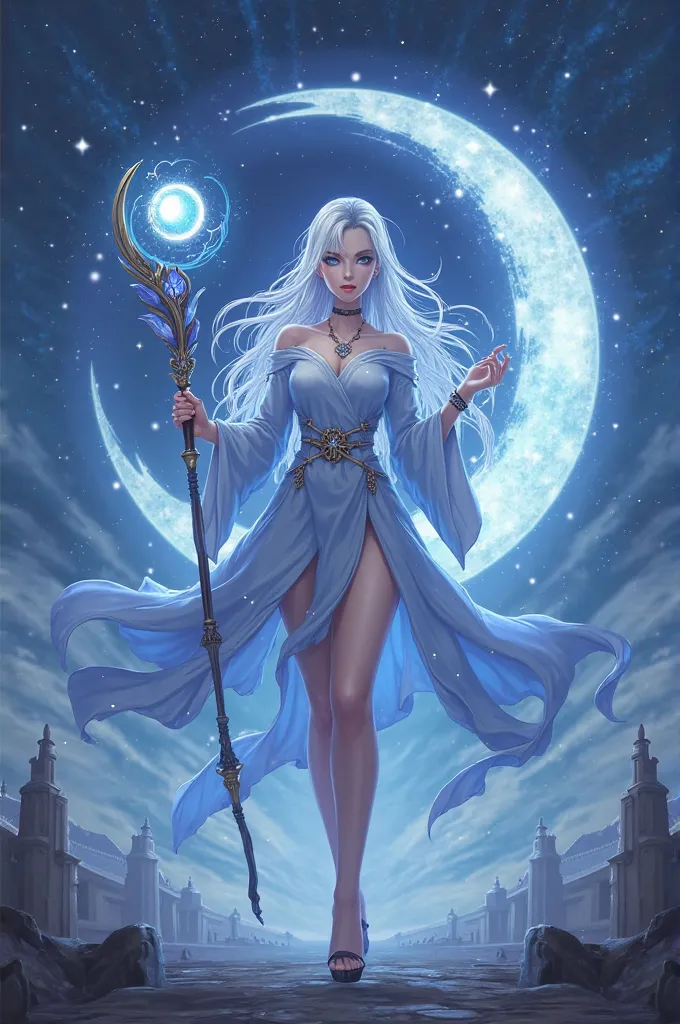 Selendra is depicted as a young woman with a divine aura, wearing a bluish-white robe that glowing softly like moonlight. Her hair is long silvery, hovering as if blown by the night wind, with a sickle-shaped crown on her head. Her eyes glow pale blue, ful...