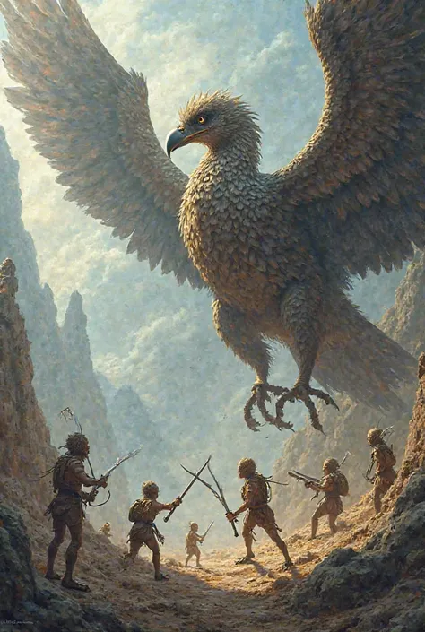 Miniature humans fighting giant birds 