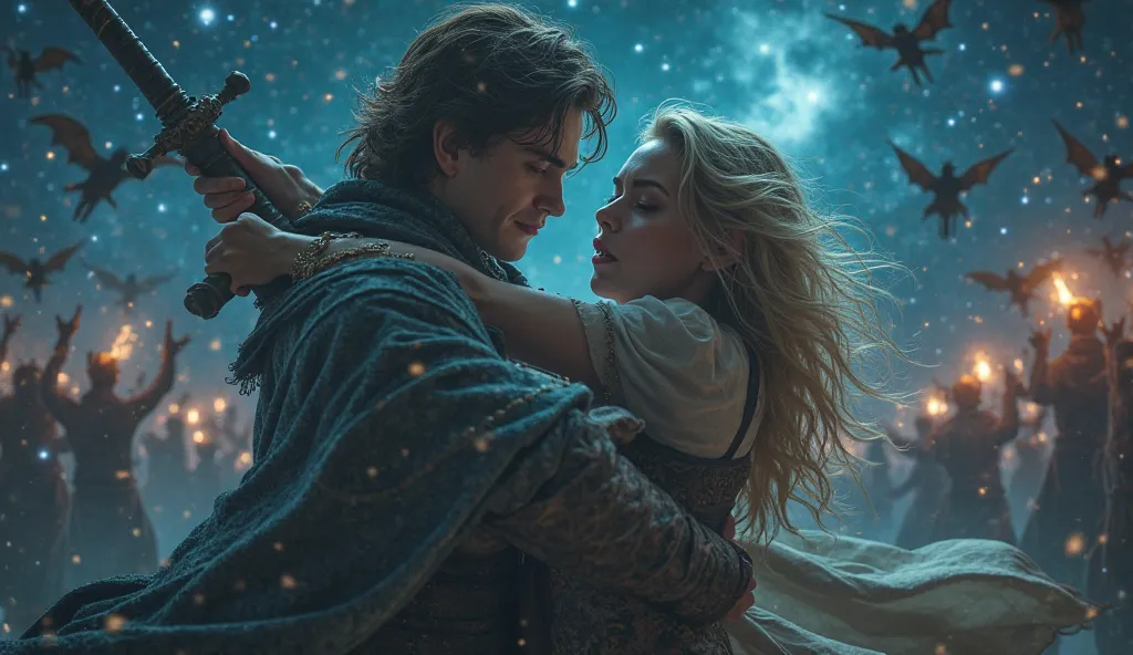  fantasy。Attacked by an oncoming crowd of flying demons、A young man who hugs a beautiful blonde woman crying and closes her eyes while fighting with a sword with an angry face。Stars that shine like crystals at night。4K