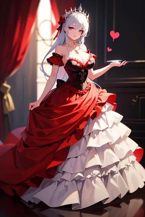 best quality,amazing quality,very absurdres,{detailed eyes},ultra-detailed,4k resolution,flawless renderingillustration,anime coloring,heart print dress,ballgown,layered long skirt,red heart ornaments skirt,red heart tiara,red heart breasts print,red heart...