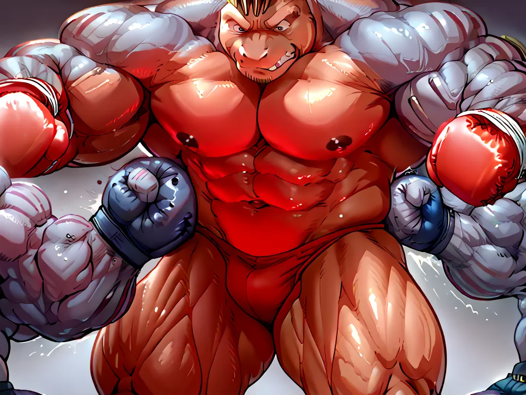 Blue skinned Machoke trapped in a full nelson by a red skinned machoke. Extreme muscle mass wearing only a black tiny posing thong. Someone with muscular arm gutpunching Blue skinned Machoke that screaming in pain. The fist sink in the abs.