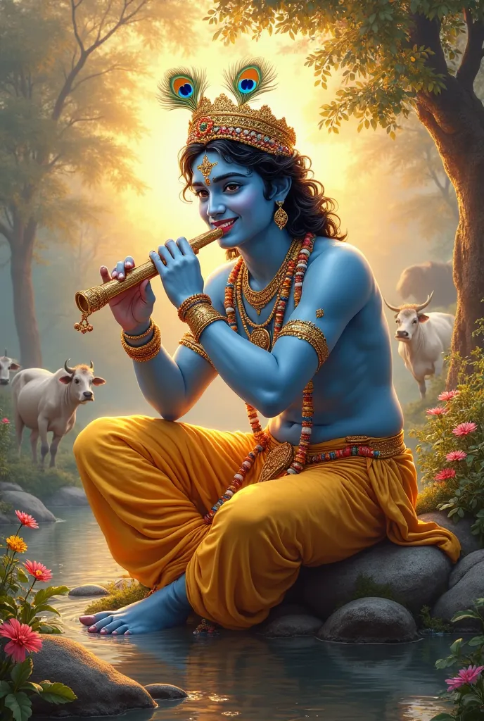 "A divine and mesmerizing image of Lord Krishna, depicted with radiant blue skin, seated gracefully in a lush Vrindavan landscape. He wears a golden-yellow dhoti, adorned with intricate jewelry and a peacock feather in his crown. His enchanting smile and f...