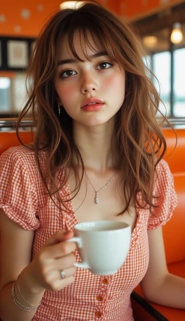 8k, Masterpiece, Top Quality, Close-up, eye-level, auburn, waves, curls, gingham, dress, short sleeves, button-down, teacup, coffee cup, earrings, ring, necklace, retro, diner, cafe, orange, chrome, plaid, seated, nostalgic, romantic