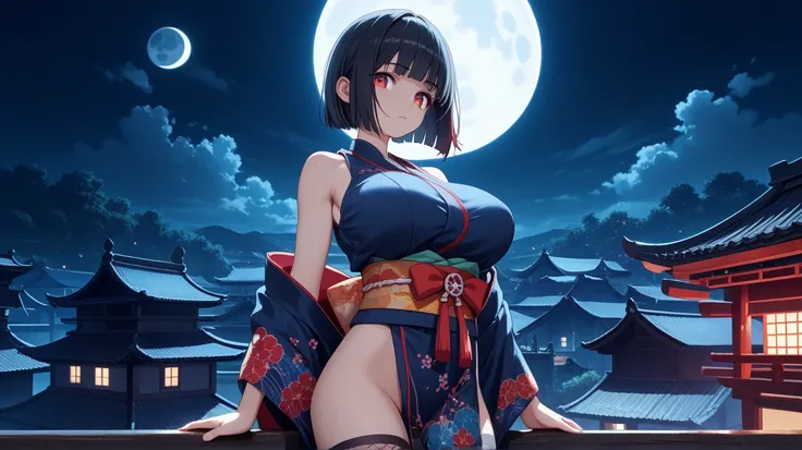 nsfw, very beautiful detail, high quality, masterpiece, very aesthetic, 4k, resolution, highest quality, A cute girl standing on the rooftop of a building at midnight, black hair, bob cut, glossy hair, red eyes, fair skin, huge breasts, slim waist, Japanes...