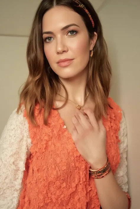 best quality, highres, 8k, masterpiece, photography, detailed midbody photorealistic portrait. Mandy Moore glows in a sunset orange crochet bikini with delicate macramé details, blending seamlessly with the bohemian beach aesthetic. Her long, tousled waves...