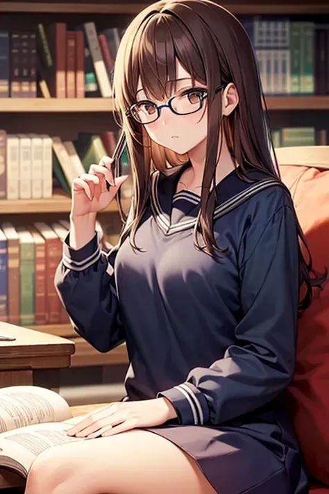 "A detailed anime-style illustration of a high school girl with medium-length dark brown hair and round glasses, wearing a classic navy blue and white sailor uniform. She is sitting in a cozy library, resting her head on one hand with a slightly bored yet ...