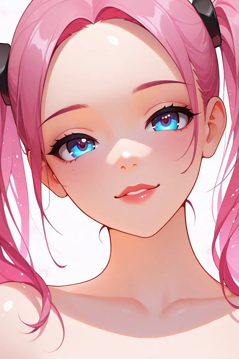 single, solo, girl, beautiful face, beautiful eyes, beautiful skin, super high quality, hyper detail body, ultimate quality, (malicious:1.1), (villain:0.2), seductive, pink hair, forehead, center parted hair, pigtails, (light makeup:0.5), temptation, (smug...