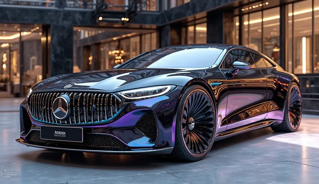 "An ultra-realistic image of the side end of a futuristic side 2025  Ambassador Royale . The car features a large, imposing, and aerodynamic design with a glossy multi colour shiny exterior. The side view end has a wide, aggressive grille with intricate mu...