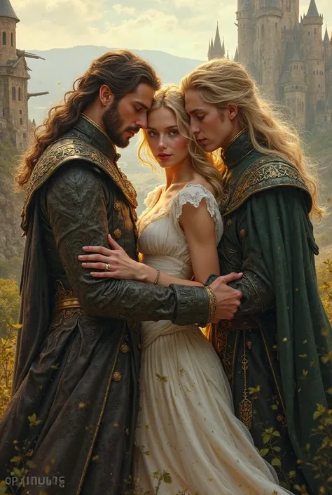 Beautiful slender blonde girl in the arms of two men,  book cover , fantasy, medieval style clothing