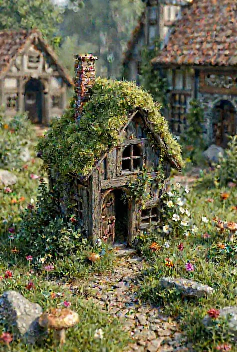 3d 模型游戏, Middle Ages, Tiny House,Auction House ， in a town, decaying wood covered with moss,  mushroom, Flower and grass growth.（Isometric perspective），3d，Super Detailed， masterpiece，Best Quality，realistic photos，major，Perfect composition，Very Beautiful，Su...