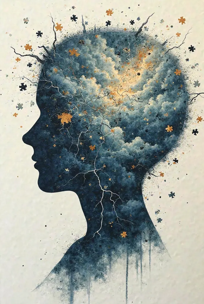 a human head silhouette filled with intricate symbols: tangled lines, swirling storm clouds, and fragmented puzzle pieces. Subtle cracks travel across the surface, illustrating cognitive strain, while soft, muted colors depict an atmosphere of introspectio...