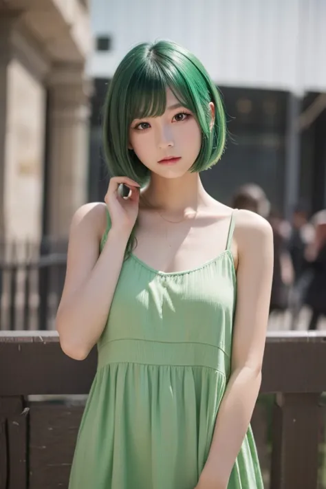  1 girl,  green hair,  Red Eyes,  dress,  short hair, (Alone:1.3),  