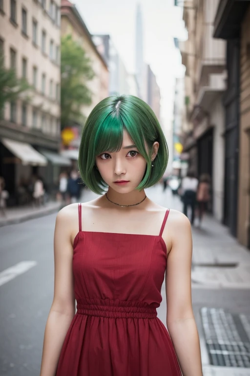  1 girl,  green hair,  Red Eyes,  dress,  short hair, (Alone:1.3),  